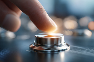 A close-up of a finger pressing a glowing metallic button, showcasing technolog, a Business Photo by ImageMir