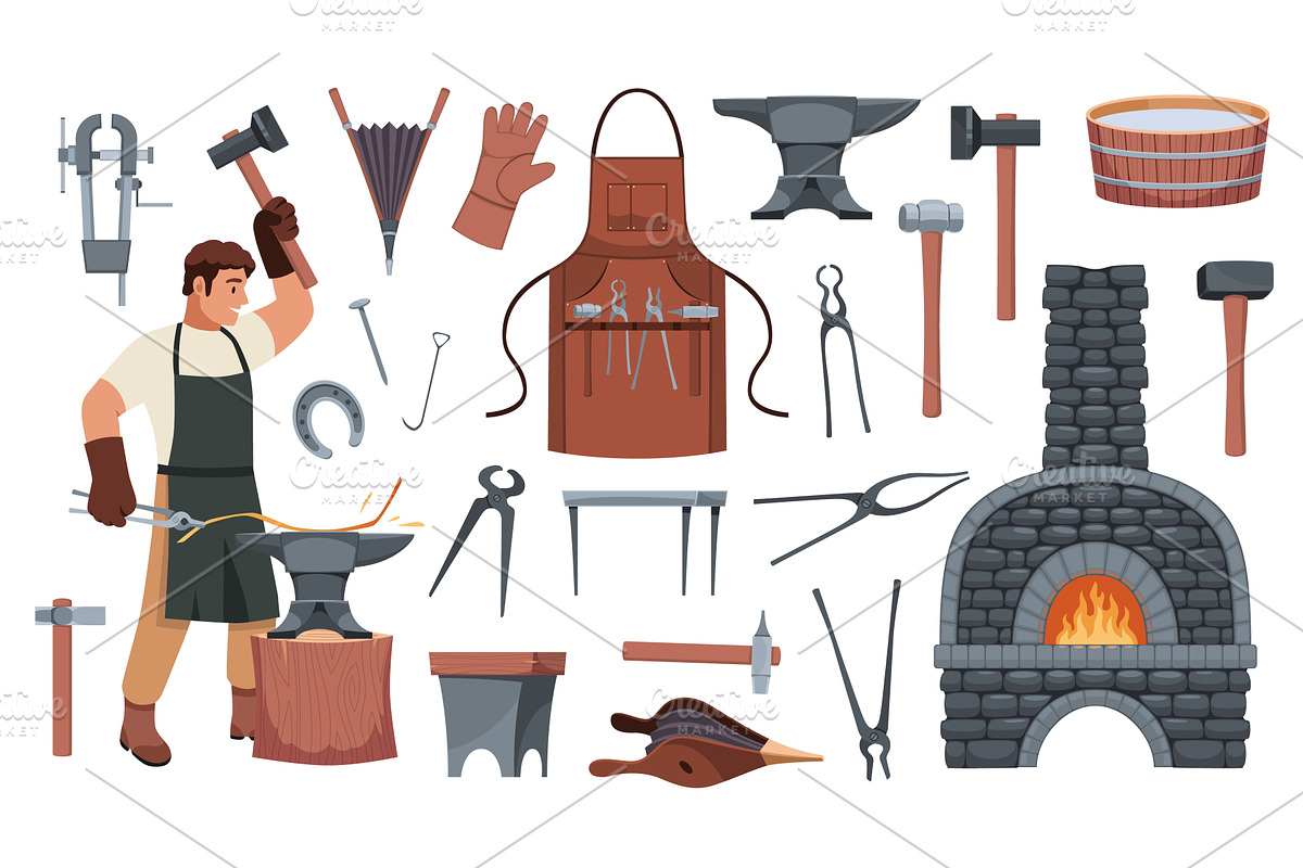 Blacksmith tools. Cartoon strong man, an Illustration by YummyBuum
