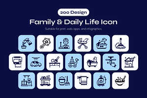 200 Family and Daily Life Icon Set, a Solid Icon by Vectors Market