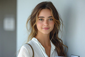 A young woman with long, wavy brown hair and bright green eyes smiles softly, e, a Person Photo by ImageMir