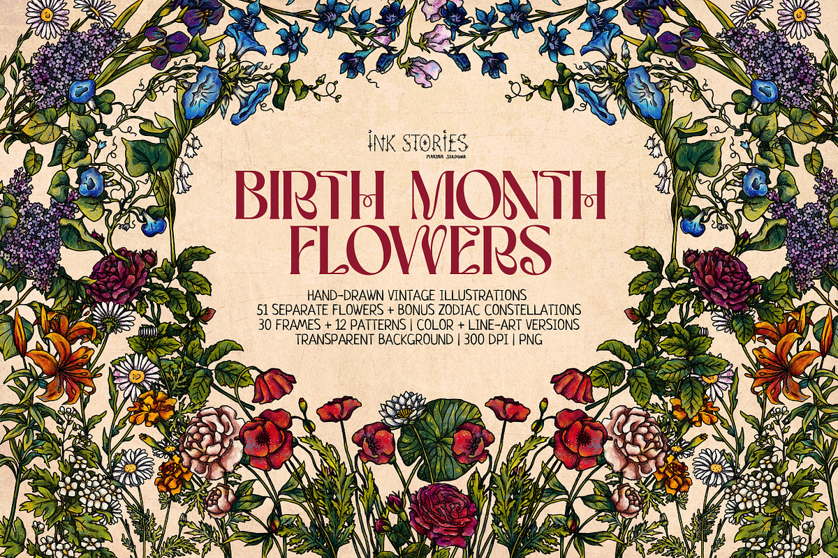 Birth Month Flowers Handcrafted, a Decorative Illustration by Ink Stories (Photo 1 of 15)