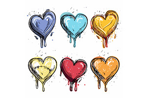 Six Colorful Dripping Hearts