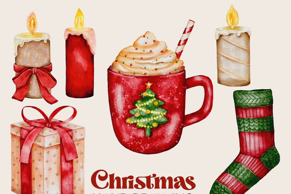 Christmas watercolor clipart set png, a Seasonal Illustration by Julia Bogdan (Photo 4 of 9)
