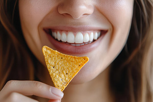 Woman enjoying a savory nacho chip, a Photo by Pavel_design