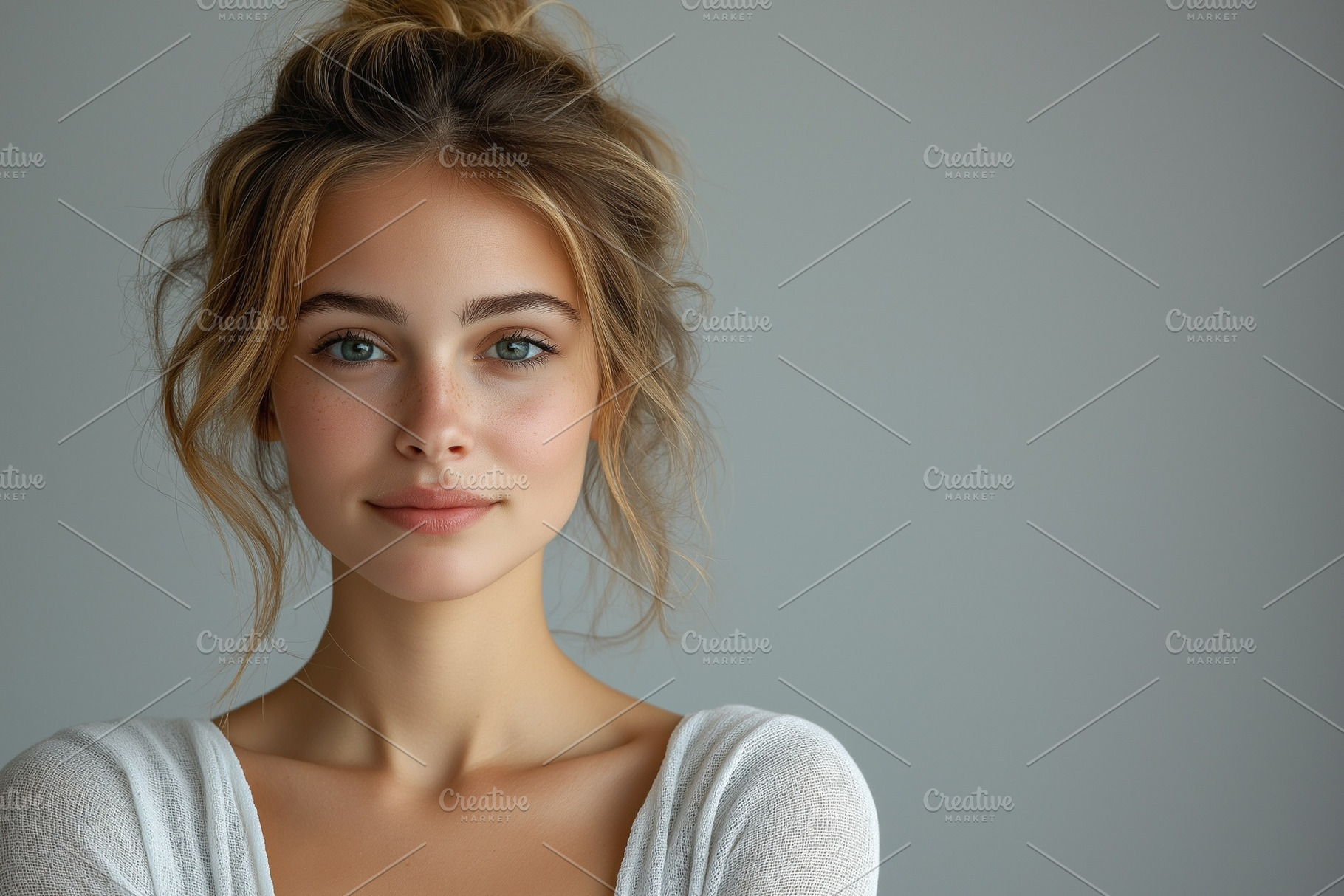 A young Caucasian woman with tousled hair smiles gently, showcasing her natural, a Person Photo by ImageMir