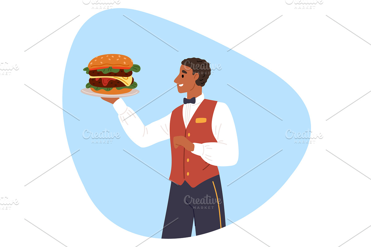 Waiter holding large burger on tray, a Food Illustration by Vectorbuum