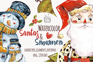 Watercolor Santas and Snowmen