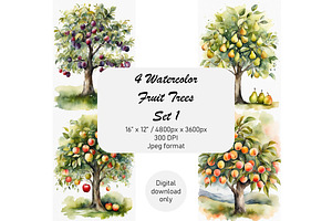 Watercolor Trees, Fruit Trees, Set 1