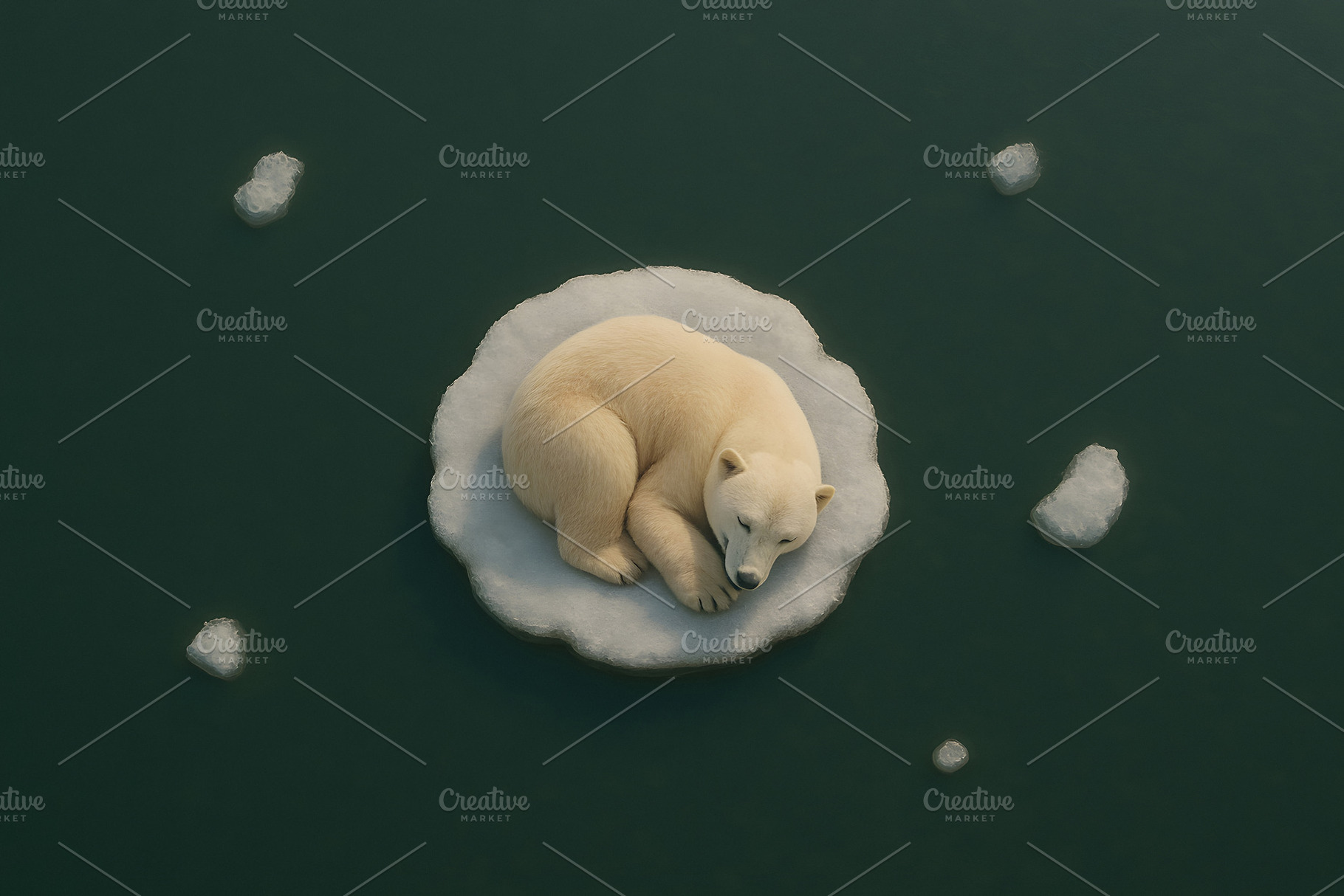 Polar bear curled tightly on isolated round ice floe, an Animal Photo by GoodGoods