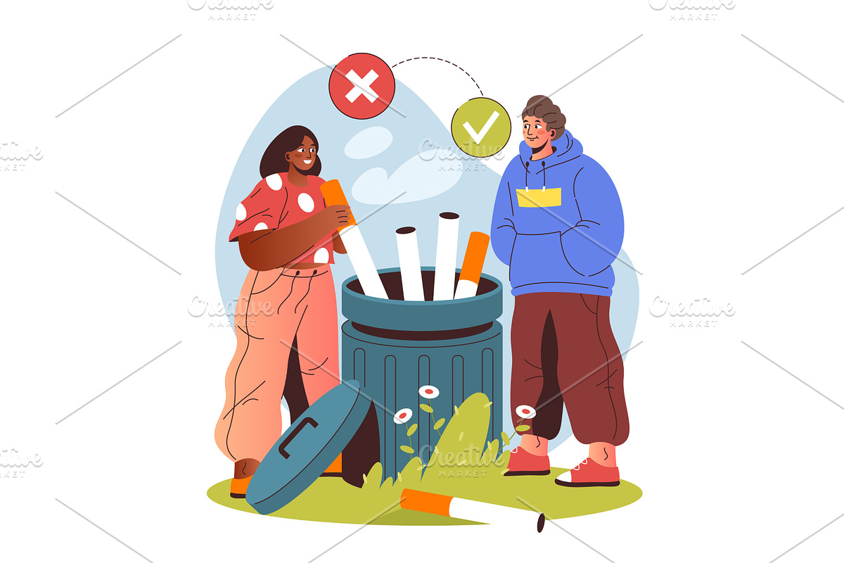 Couple throw off cigarettes. Vector, a Healthcare Illustration by Elegant Solution