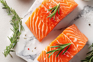 Fresh salmon steaks garnished with rosemary on a marble cutting board for healt, a Food & Drink Photo by AlyaAnd
