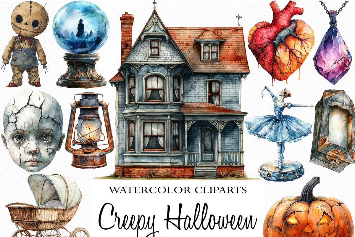 Watercolor Creepy Halloween Clipart, an Illustration by Craft Nest (Photo 1 of 6)