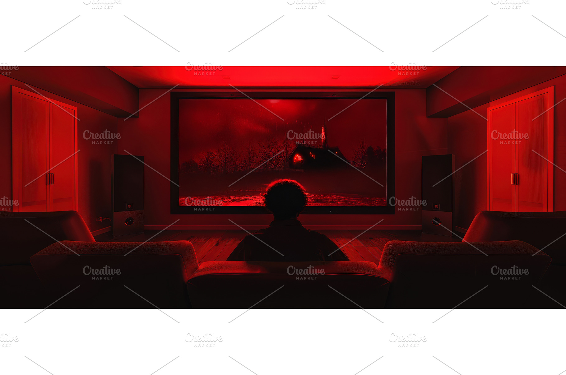 Person watching horror movie in red, an Architecture Photo by piter.goskov
