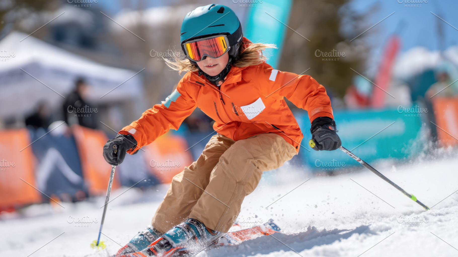 Child Skiing Downhill in Orange Jacket, a Sports & Recreation Photo by AlyaAnd
