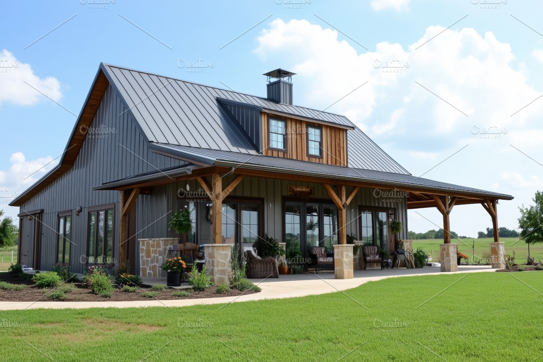 A modern Barndominium house style barn-style house with a metal roof, wooden ac, an Architecture Photo by Textures & Backgrounds