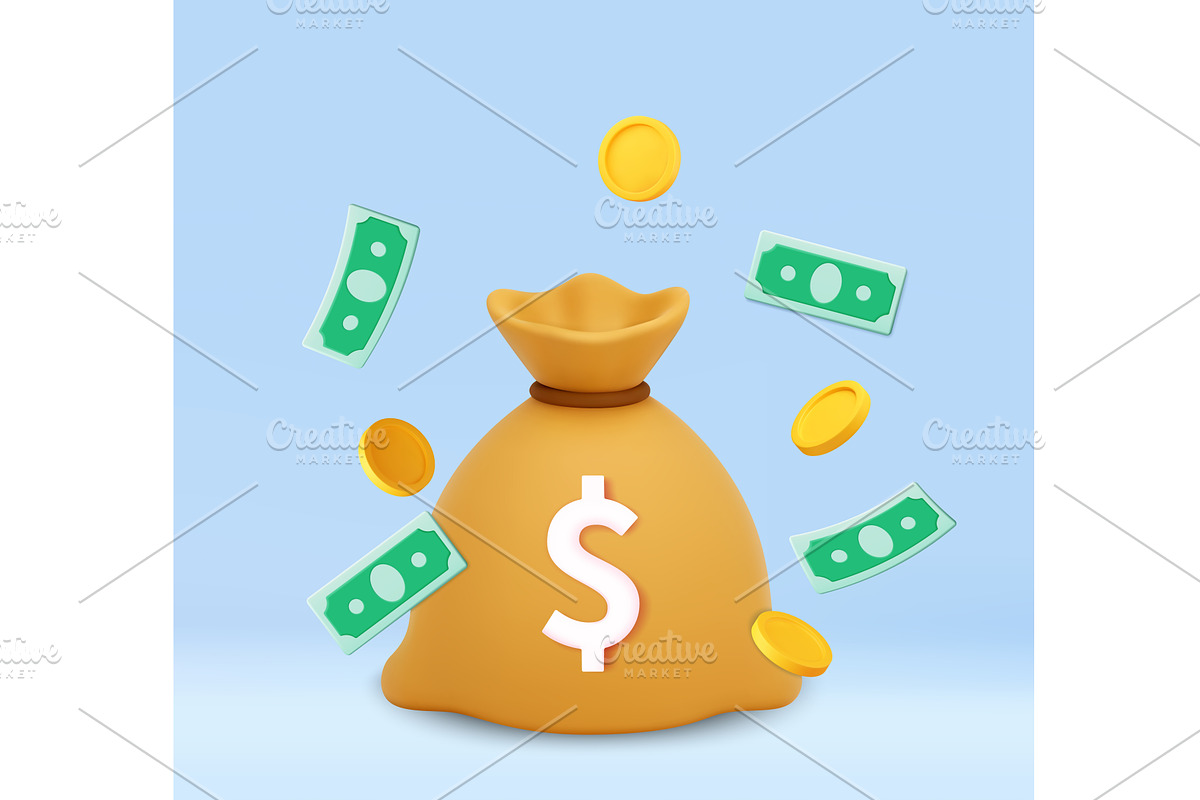 3d Money Bag with Flying Cash and, a Finance Illustration by ModVector