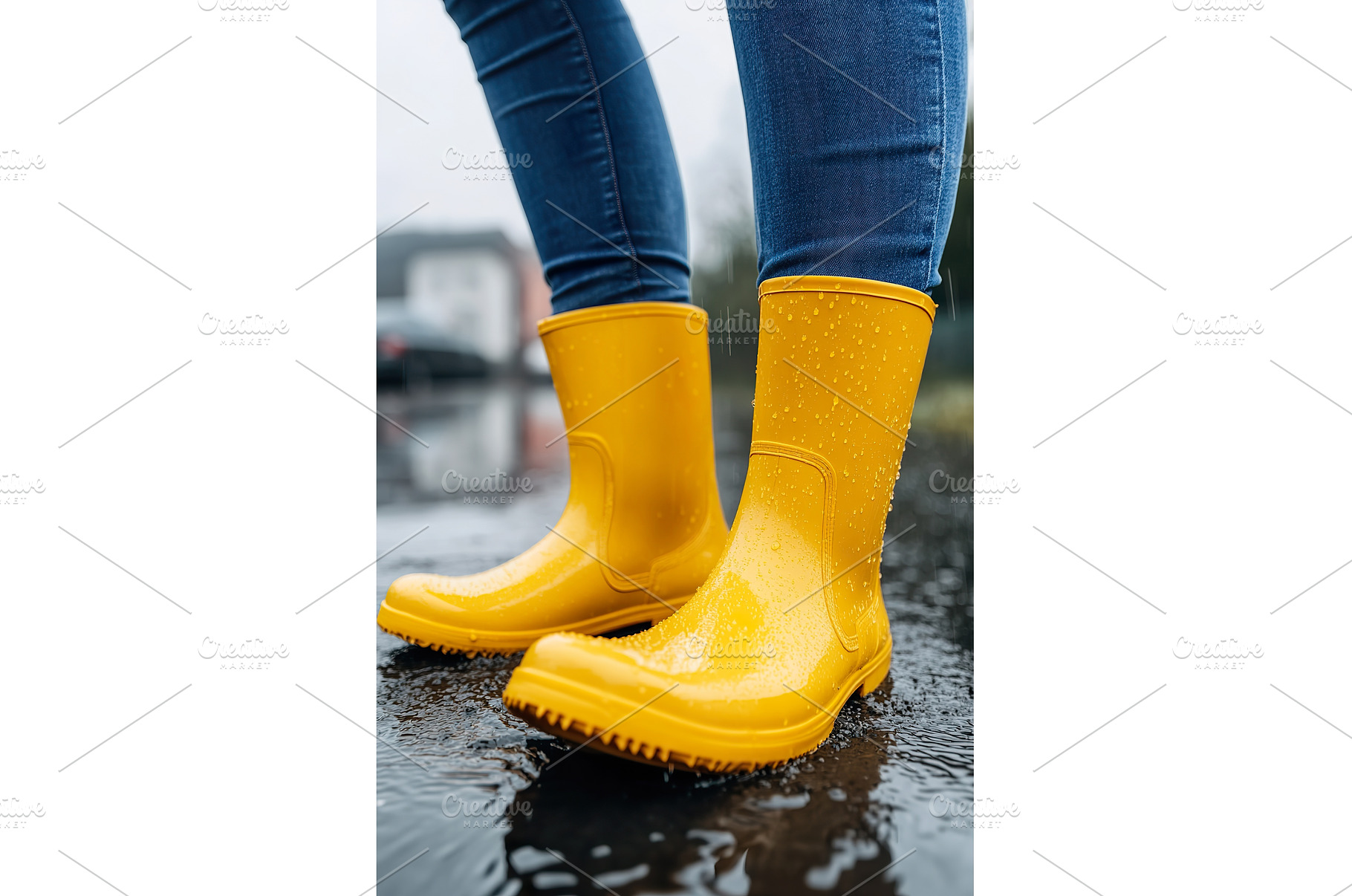 Yellow rain boots on wet pavement in, a Nature Photo by Lermont51