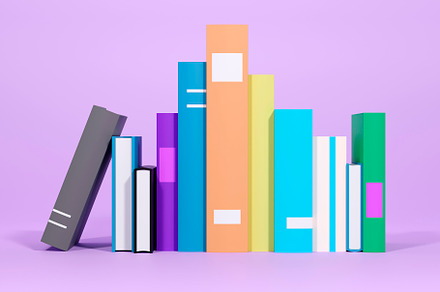 Online education, E-learning concept. stack of books, bookshelf. 3d render, a School & Education Photo by RF Images
