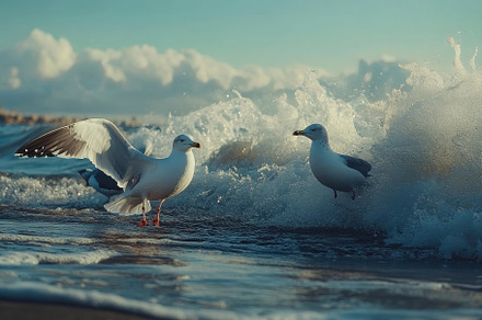 Seagulls walk and fly along the beac, a Photo by Iftikhar Alam