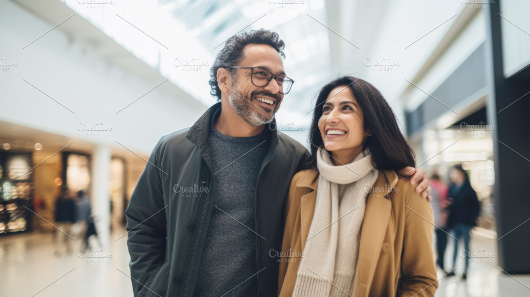 Smiling middle aged couple walking in shopping mall holding shop, a Photo by Dvoevnore photos