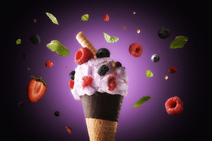Berry Ice Cream Cone with Floating Fruits, a Food & Drink Photo by Davizro's Market