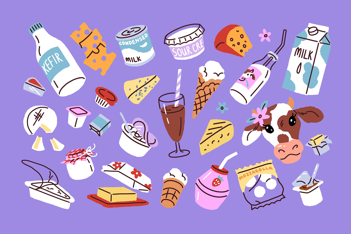 Dairy products set + backgrounds, a Food Illustration by PaperTrident (Photo 1 of 3)