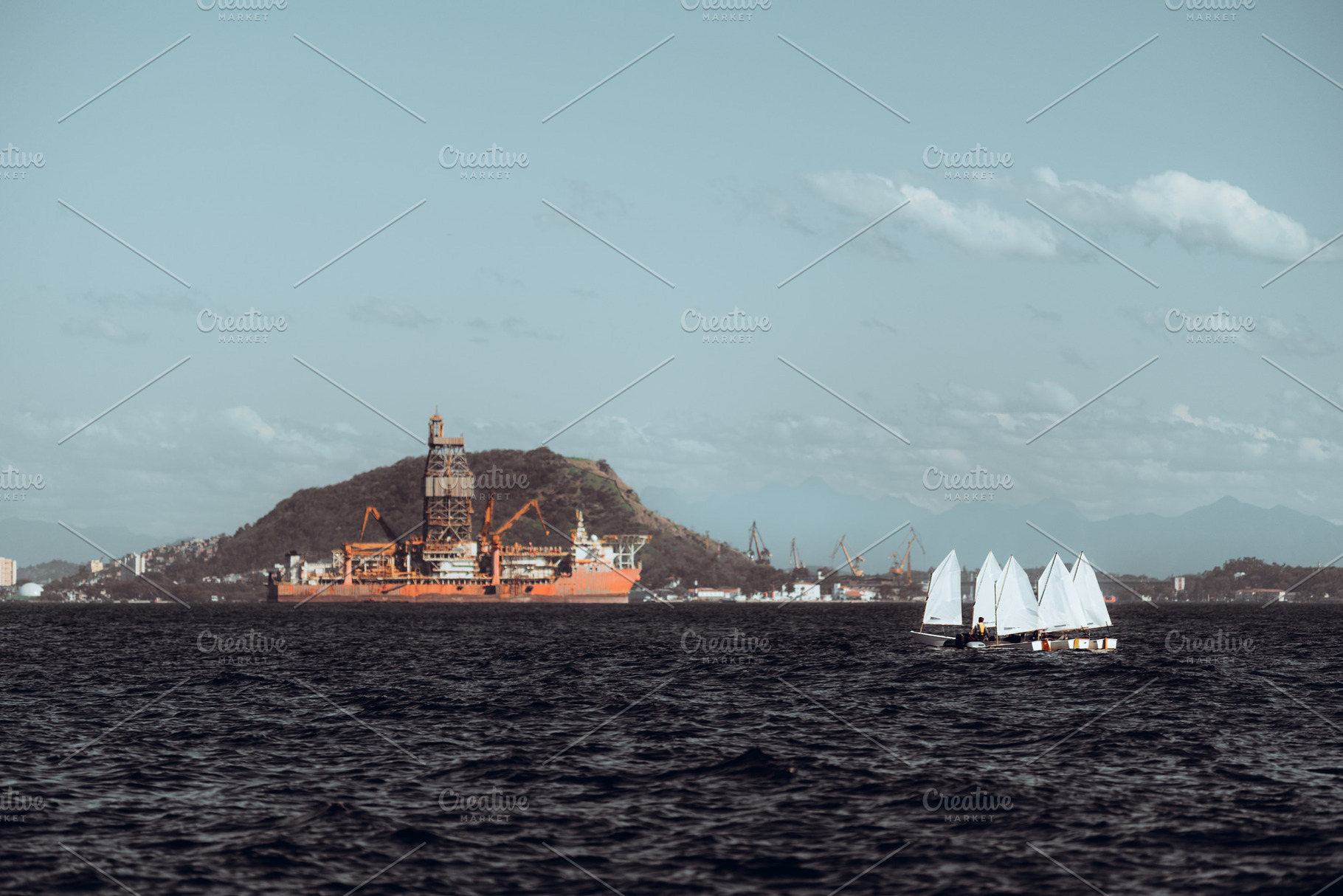 Sailboats and offshore oil rig, a Sports & Recreation Photo by SkyNext