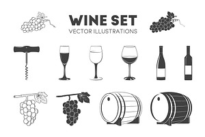 Wine Set. Monochrome Icons, Elements, a Food Illustration by Gomolach