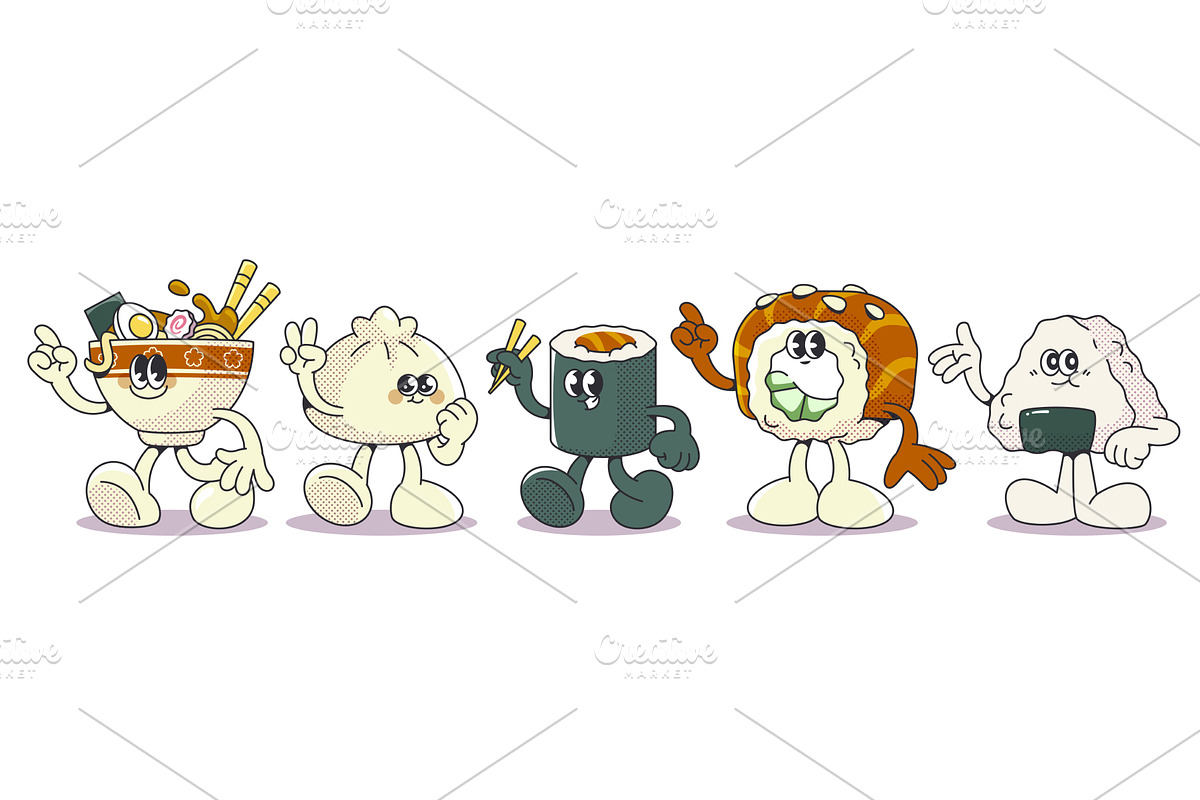 Retro sushi characters set, a Food Illustration by art PVP - market