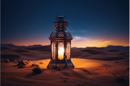 Ramadan lantern in desert. Generate, a Holiday Photo by Ylivdesign