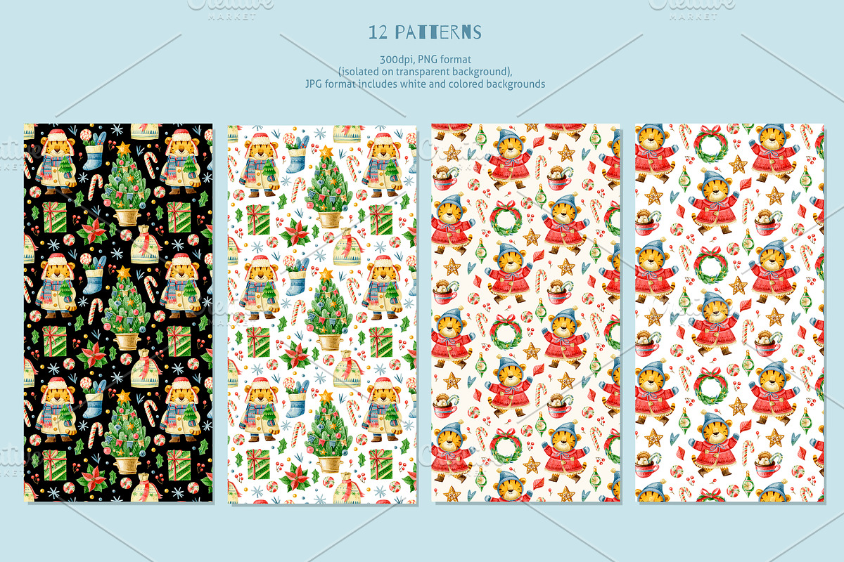 Christmas tigers. New Year cute set., an Animal Illustration by babenkoirusa (Photo 10 of 17)