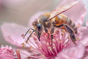 A close-up of a bee on vividly color, a Photo by LOGOCREATIVE