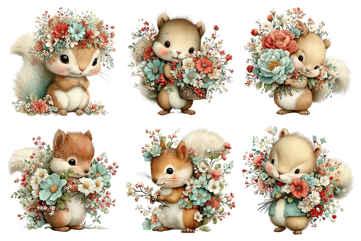 Whimsical Floral Squirrel Clipart, an Illustration by Daily.Designs (Photo 3 of 5)