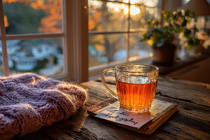 Warm tea autumn sunset cozy window k, a Photo by Pixeness Studio