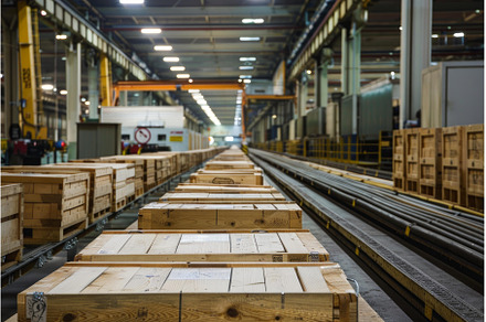 Wooden crates moving on conveyor, an Industrial Photo by Ylivdesign