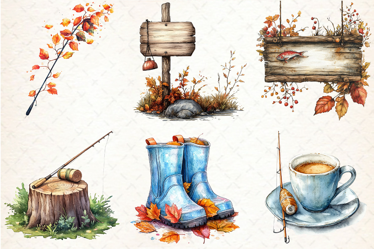 Watercolor Fall Fishing Clipart, an Illustration by Libby Wishes (Photo 5 of 7)