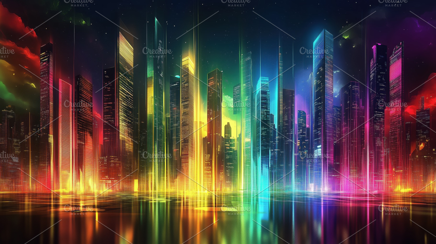A vibrant, futuristic city skyline at night, featuring tall, illuminated skyscr, an Arts & Entertainment Photo by Textures & Backgrounds
