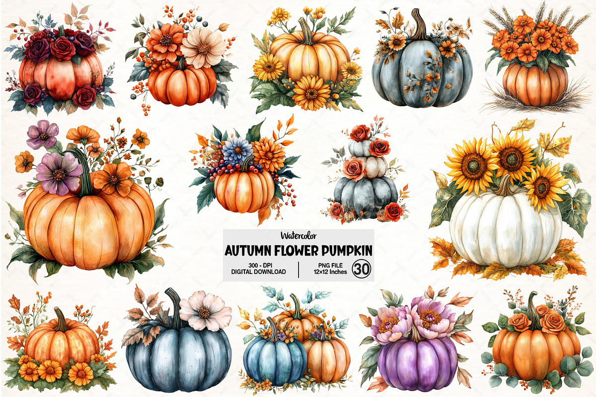 Watercolor Autumn Flower Pumpkin PNG, an Illustration by Pixels.Craft (Photo 1 of 7)