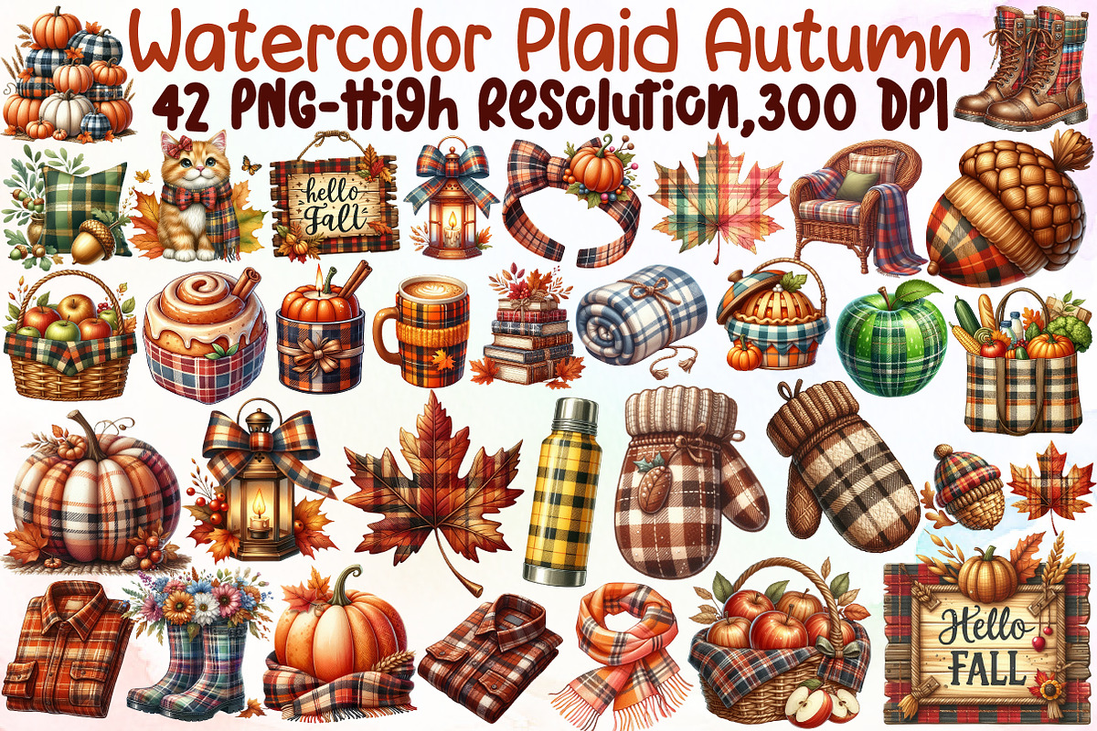 Watercolor Plaid Autumn Clipart, an Illustration by Sublimation Artist (Photo 1 of 6)