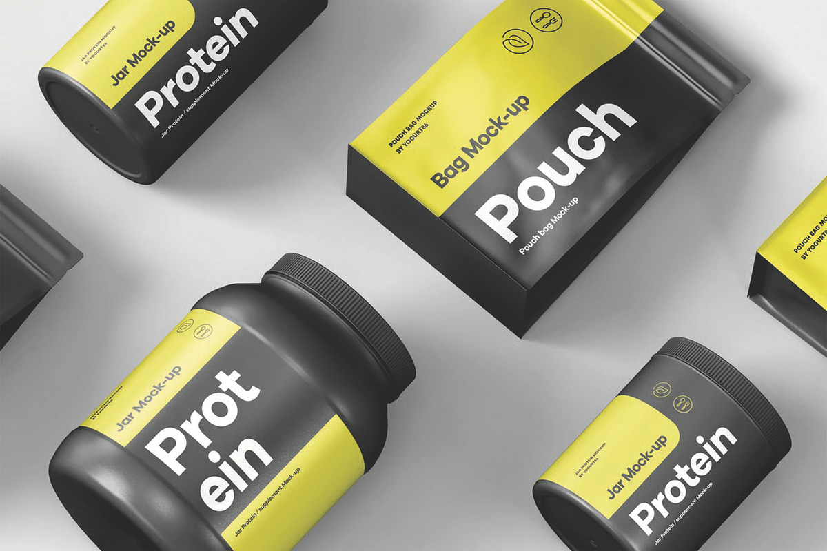 Protein Pouch & Jar Pack Mockup, a Packaging Mockup by DesignRushMarket (Photo 4 of 8)