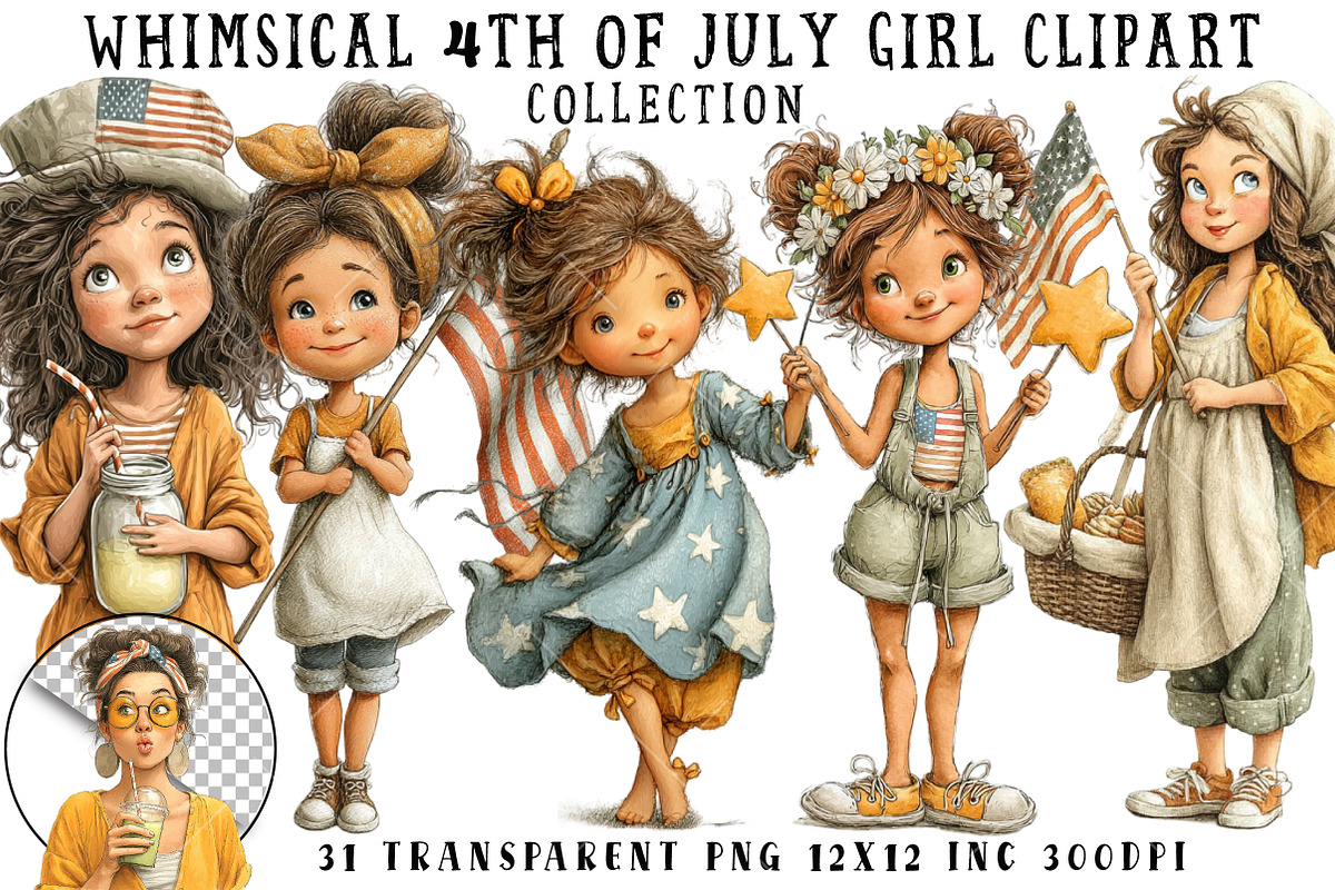 Whimsical 4th Of July Girl Clipart, an Illustration by OK Design (Photo 1 of 6)