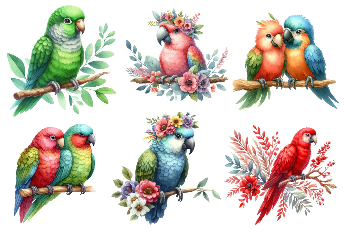 Watercolor  Parrots Clipart, an Illustration by Designworld (Photo 2 of 6)