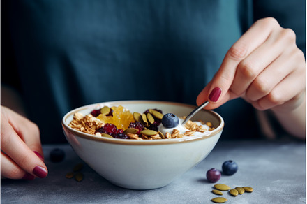 Yogurt granola bowl. Generate Ai, a Food & Drink Photo by Ylivdesign