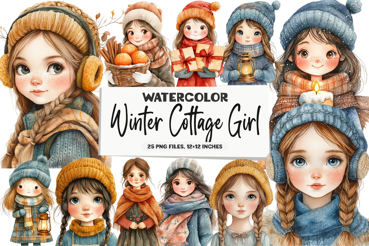 Winter Cottage Girl Watercolor, an Illustration by DreamArtGraphic (Photo 1 of 5)