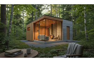Modern small cabin nestled in lush, an Architecture Photo by Igor Tichonow