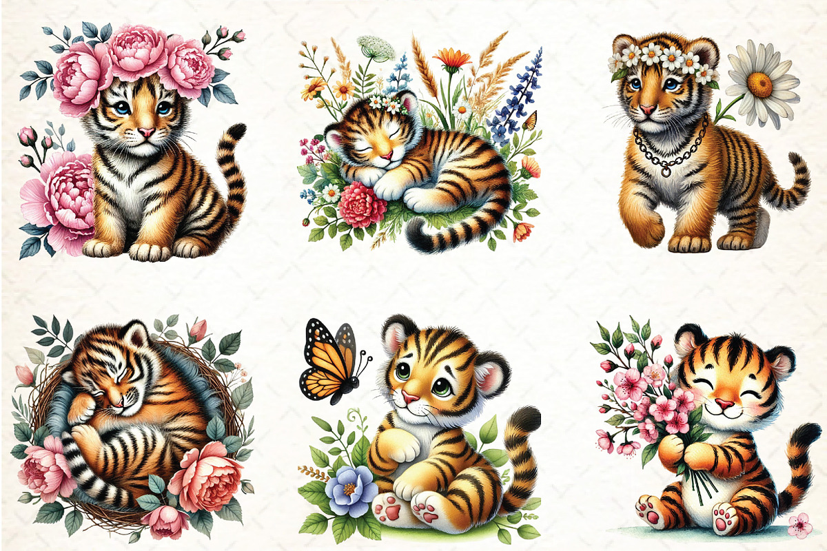 Cute Spring Tiger Watercolor Clipart, an Illustration by DreamCafeArt (Photo 3 of 3)