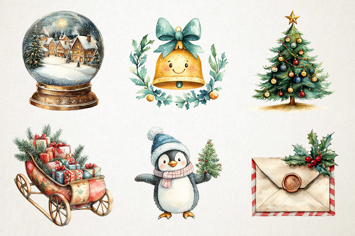 Cute Christmas Watercolor Clipart, an Illustration by RobertsArt (Photo 5 of 7)