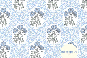 Blue and White Block Print Floral, a Pattern Graphic by Mieken Petra Designs