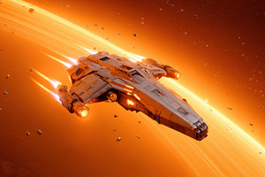 Futuristic spaceship in vibrant cosmic setting, a Transportation Photo by AlyaAnd