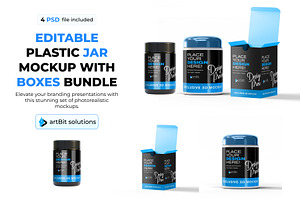 Plastic Jar Mockup Combo with Boxes, a Packaging Mockup by artBit Design Studio